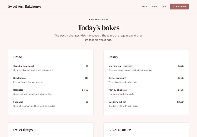Sweet Fern Bakehouse page detail