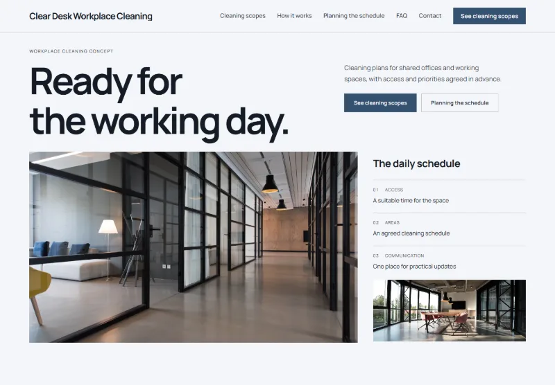 Clear Desk Workplace Cleaning website concept