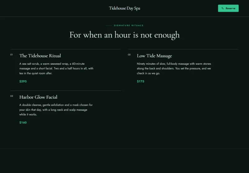Tidehouse Day Spa page detail