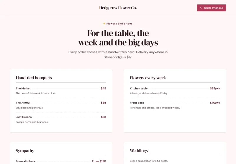 Hedgerow Flower Co. page detail