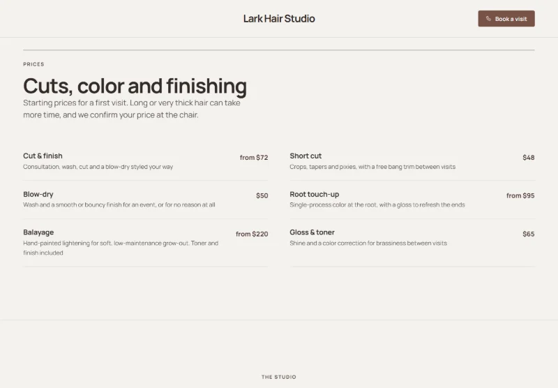 Lark Hair Studio page detail