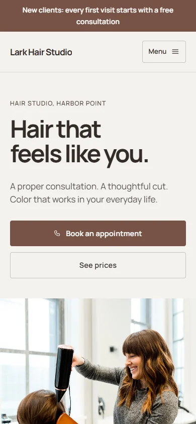 Lark Hair Studio phone layout