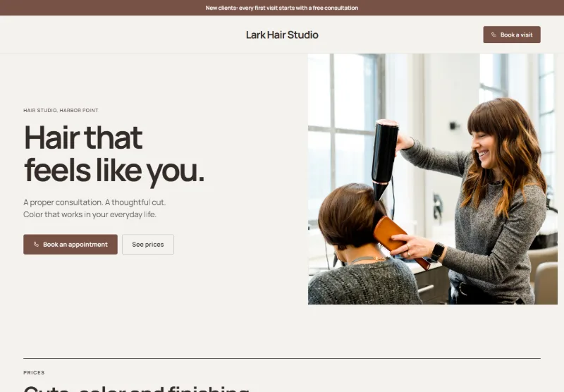 Lark Hair Studio website concept