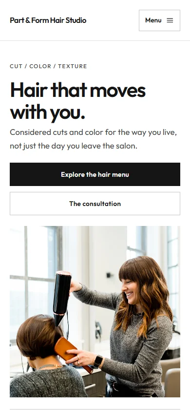 Part & Form Hair Studio phone layout