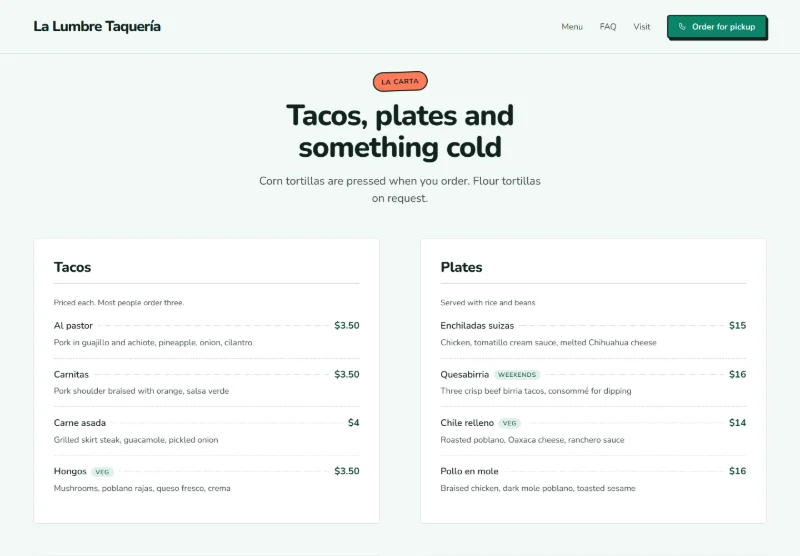 La Lumbre Taquería page detail