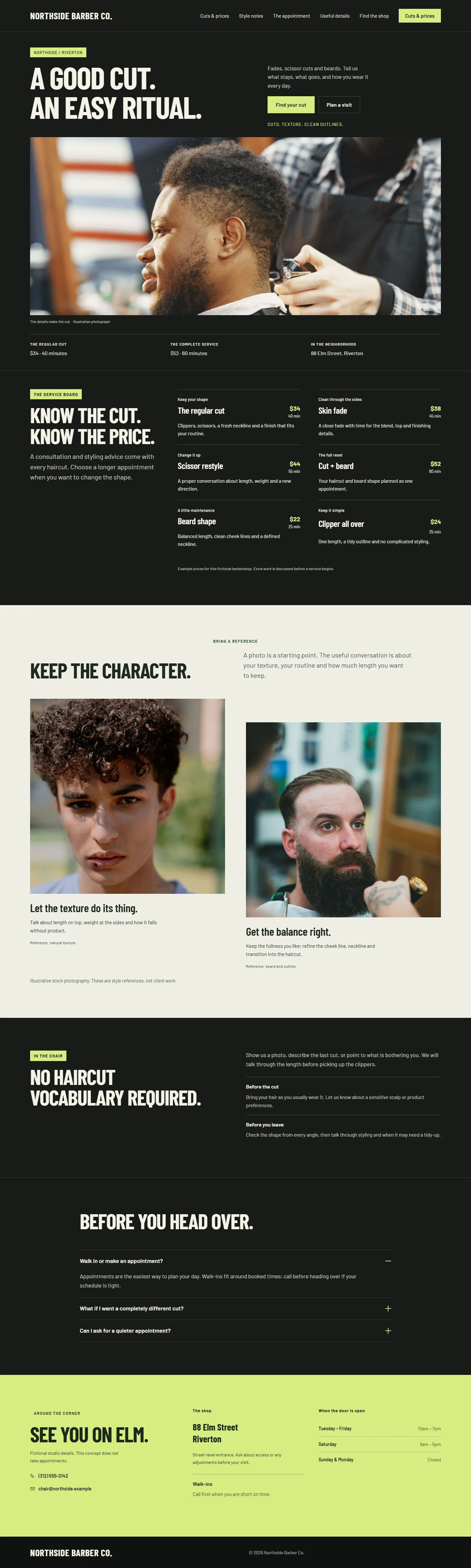Full desktop design of the Northside Barber example. Open the interactive website to use its links.