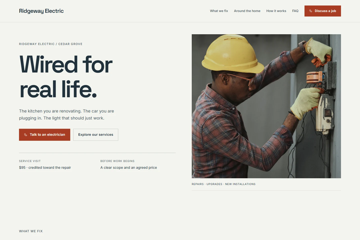 Ridgeway Electric example with work photography and a clear call button