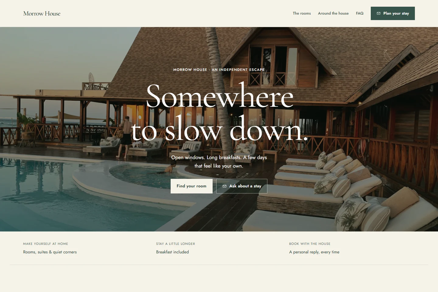 Morrow House hotel example with a waterside photograph and room information