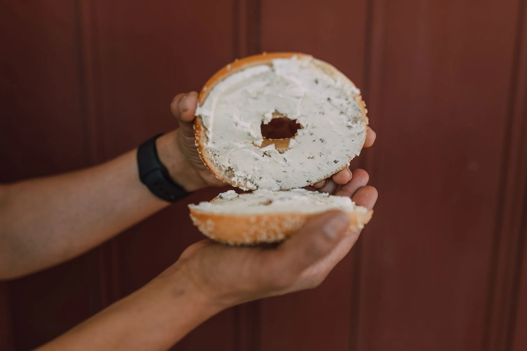 Hands holding a bagel with cream cheese