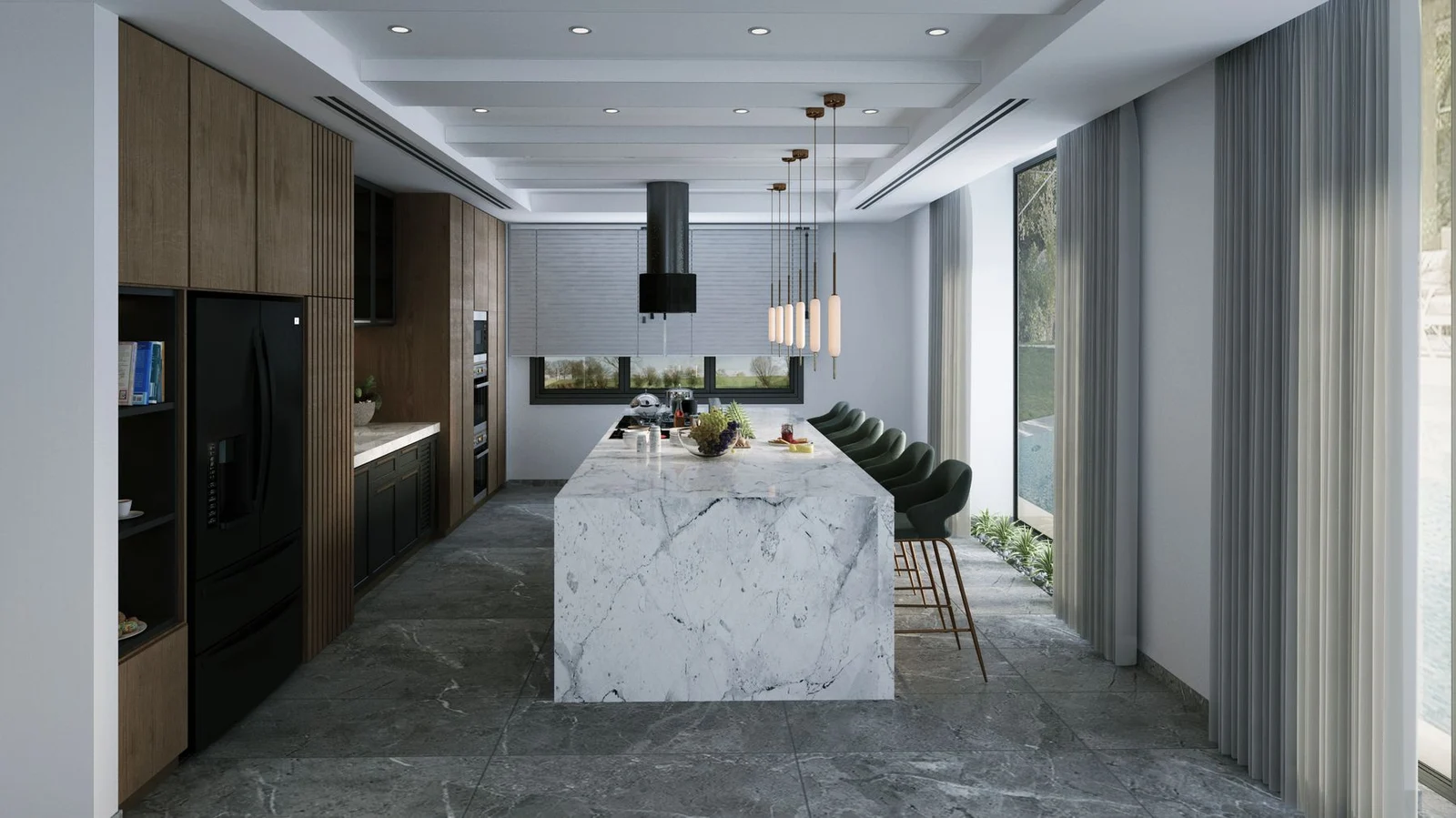 Pendant lights above a pale kitchen island