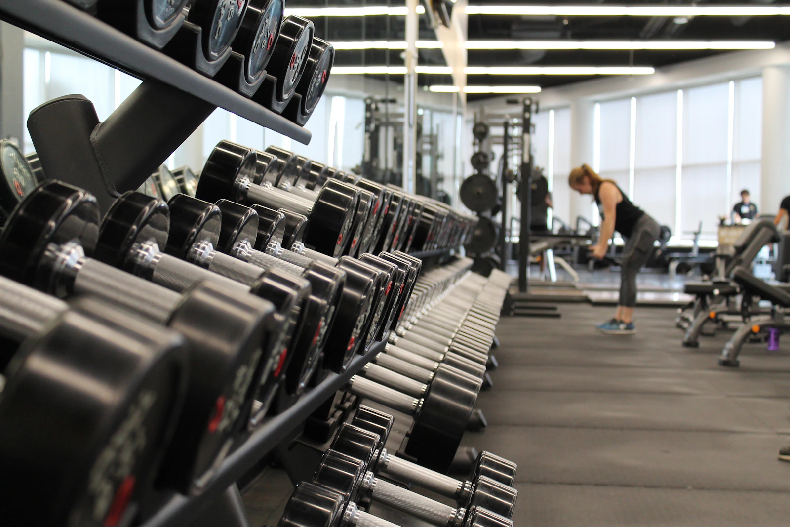 Strength training equipment in a gym
